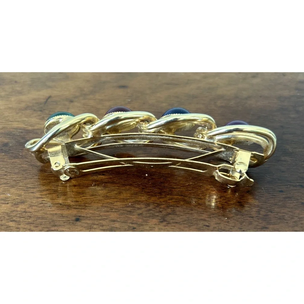 Vintage Charles J Wahba France Gold Tone Braided Barrette Multicolor Cabochons
